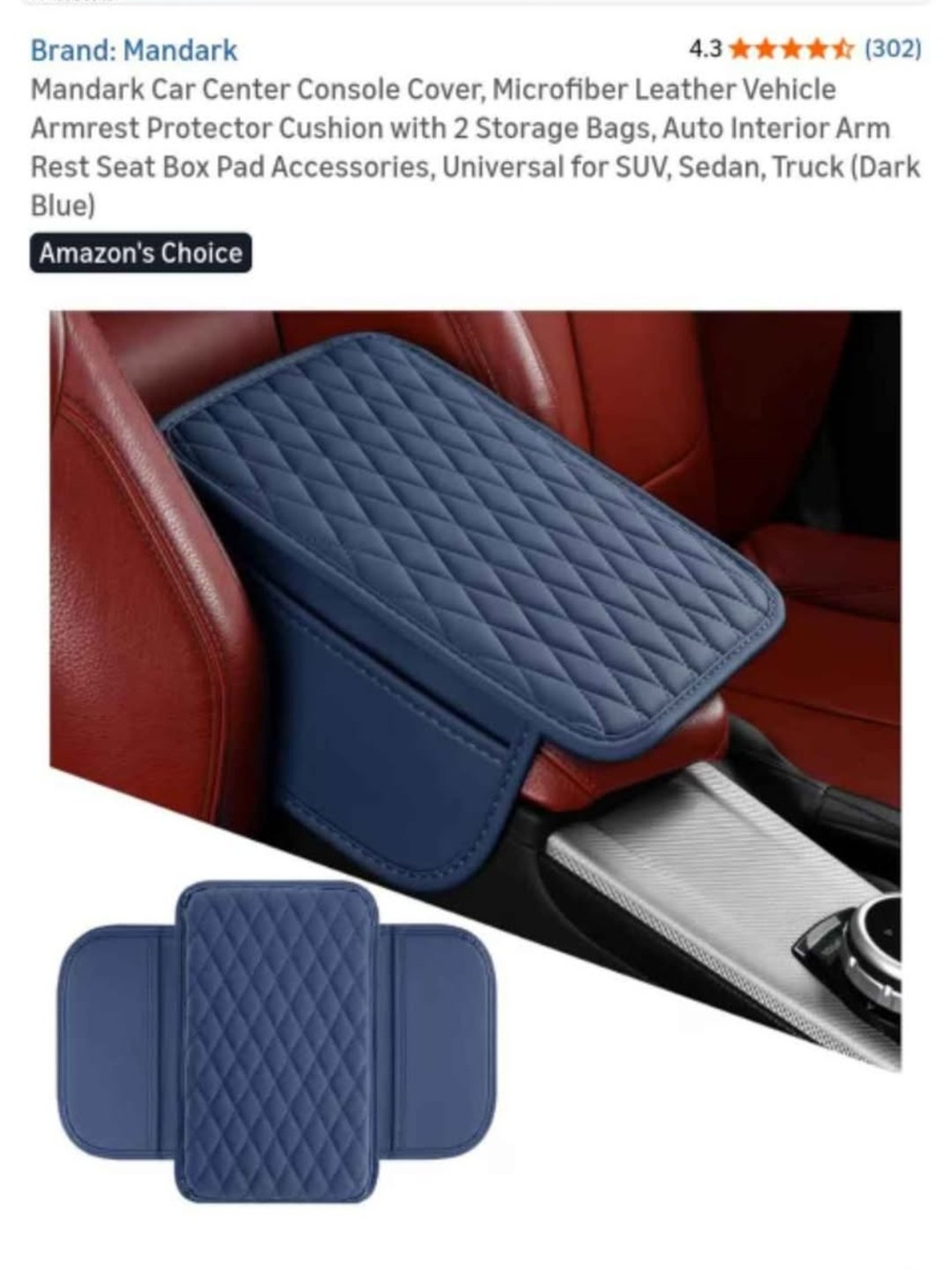 Mandark Quilted Dark Blue Car Center Console Armrest Cover